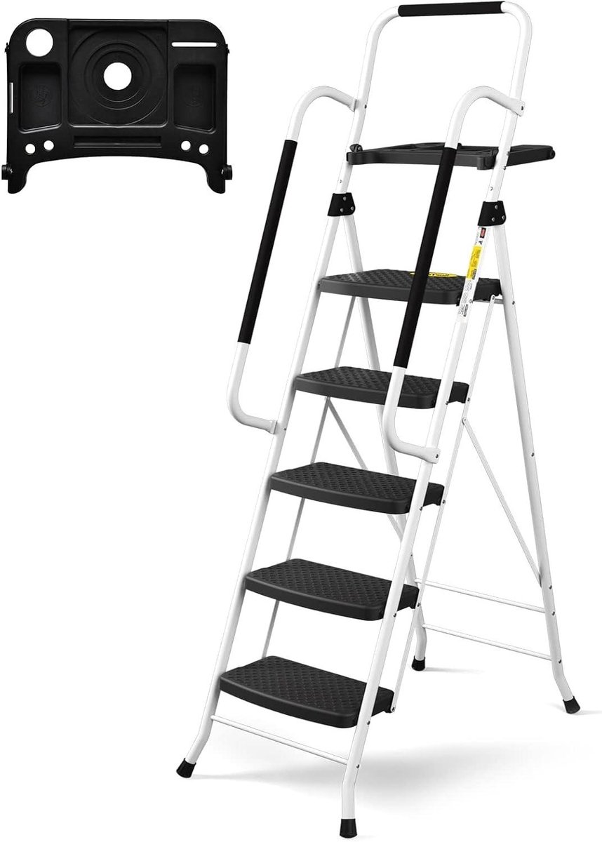 Opvouwbare Trap - Vouwladder Leuning - Veilig Klussen - Met Gereedschapsvakken - 4 Treden - Zilverkleurig
