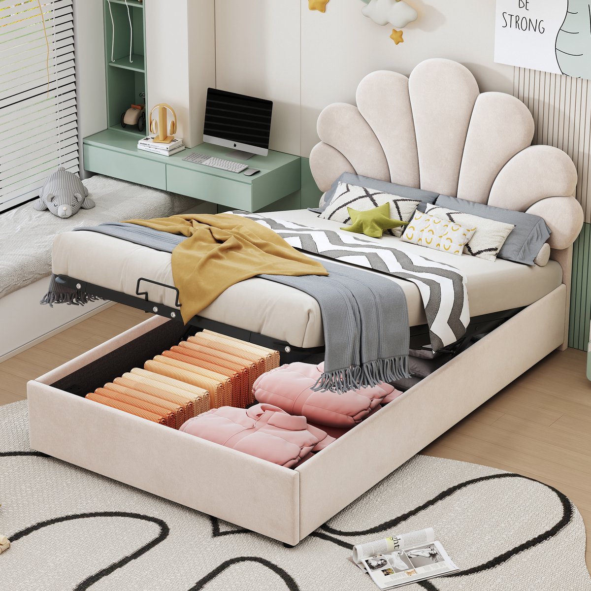 Kinderbed - voor matras 90 x 200 cm - beige - met opbergruimte en lattenbodem - matras niet inbegrepen - voor de slaapkamer