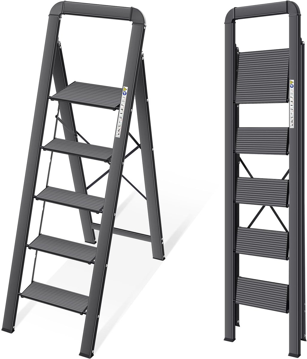 SolidKeus - Vouwladder met 5 Treden en Handgreep, Aluminium Stepladder tot 150 kg