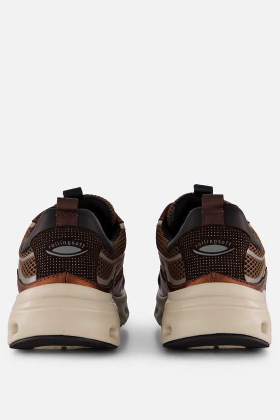 Achterkant van bruine Gabor Rollingsoft sneakers met merklogo op de hiel.