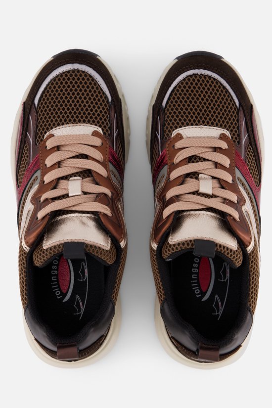Bovenkant van een paar bruine Gabor Rollingsoft sneakers met mesh en metallic accenten.