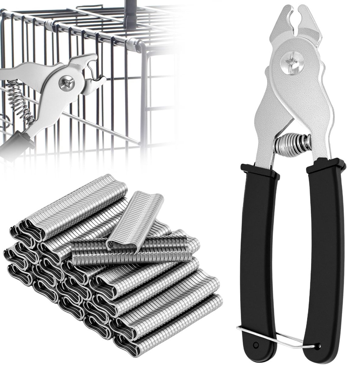 Sausage Clipper Pliers voor het Bevestigen van Draad en Gaas, Inclusief 1200 Clips, Ideaal voor Hekken en Dierkooien van Hoogwaardig Koolstofstaal