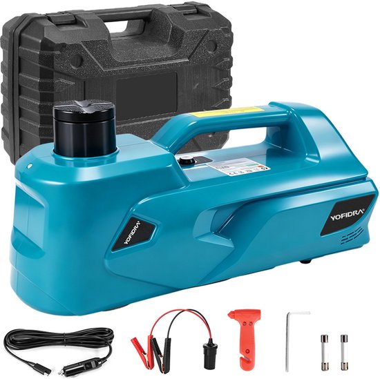 Turquoise elektrische krik en bijbehorende accessoires in een zwarte draagtas, inclusief kabels, zekeringen, hamer en sleutel.