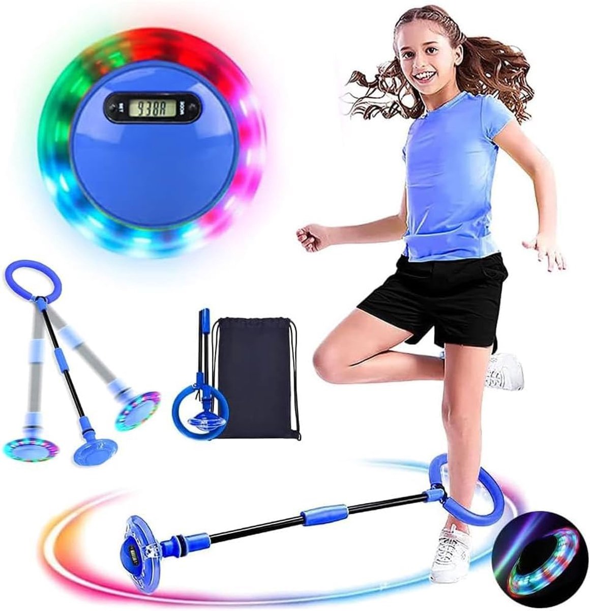 Swing Wheel met lichtwiel, Swing Wheel met teller, springring voetkringel kinderen, kinderen knipperende springring, opvouwbare knipperende springbal, cadeaus voor meisjes van 3+ jaar (Blauw