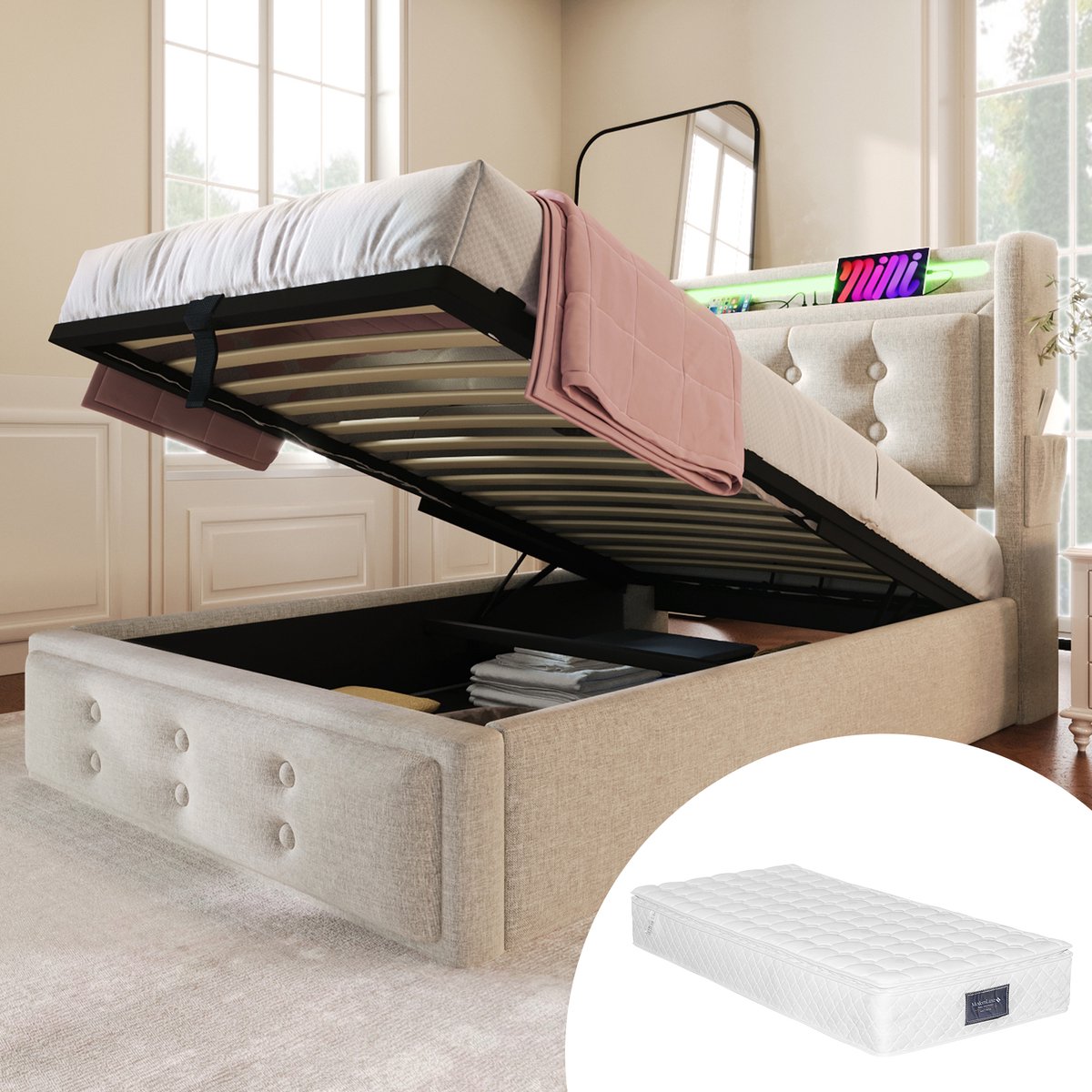 Bedframe - 90x200 Cm - Bed - Met Lattenbodem - LED - USB C - Beige - Met Matras