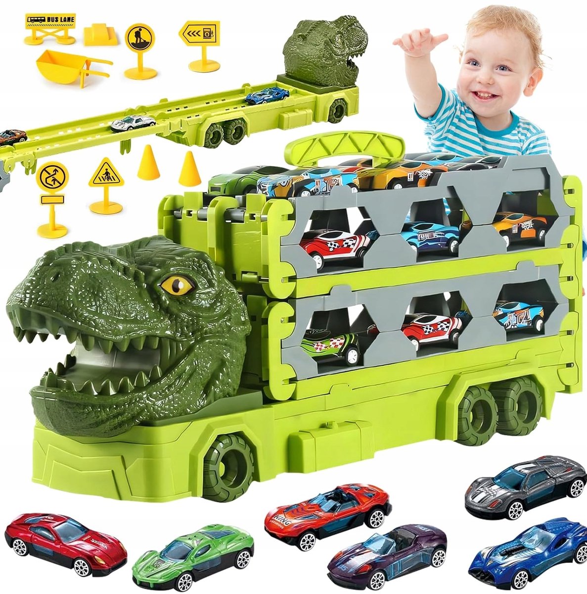 Dino Transport Vrachtwagen met Racebaan en 6 Autootjes