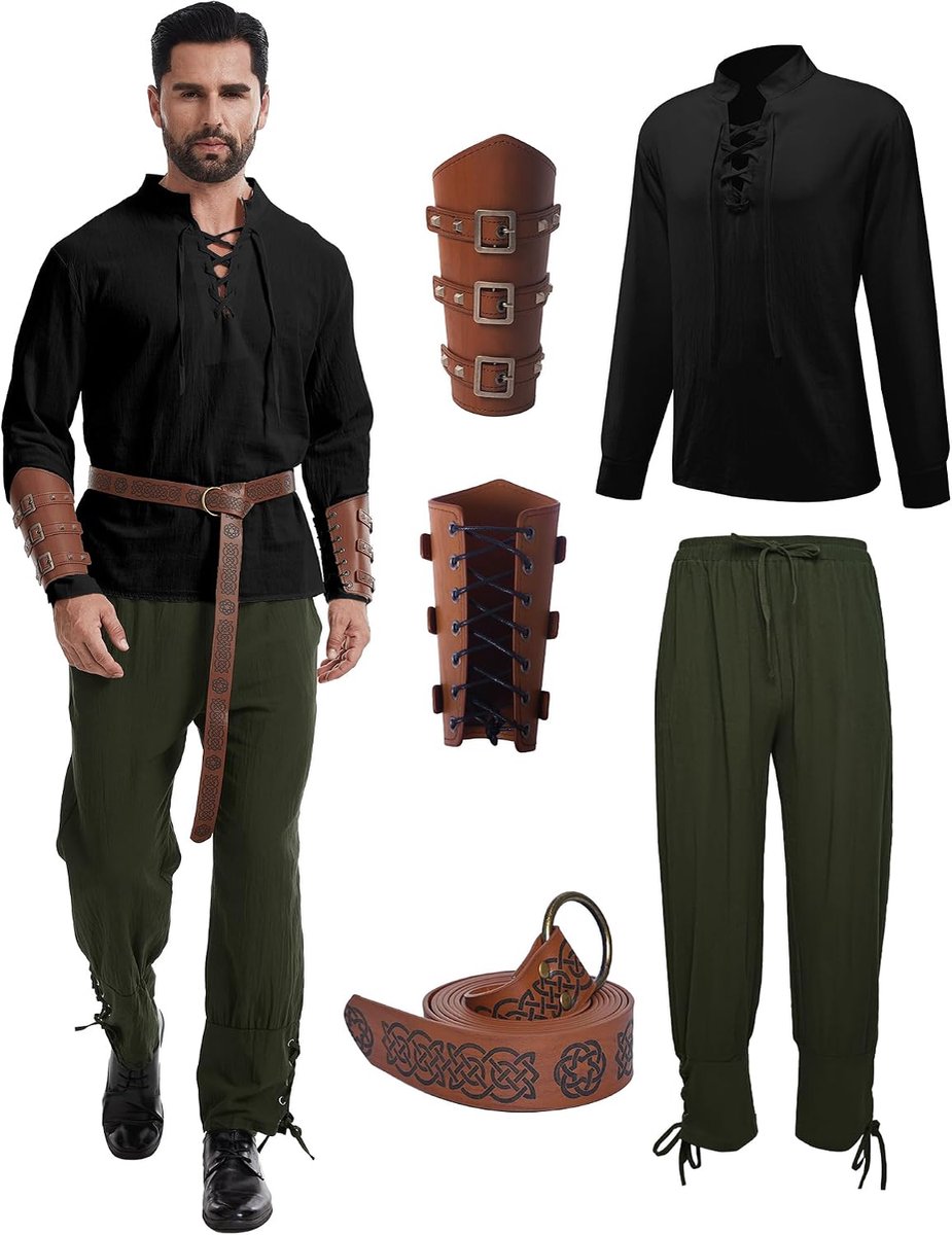 Vikingkostuum voor heren, 5-delige renaissance-kostuumset met broek met accessoires, voor Halloween, carnaval, piraten, cosplay