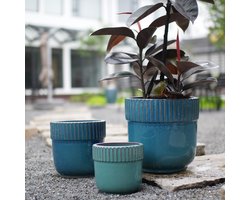 Keramische Bloempot – Glanzend Geribbelde Rand – Ø 30,5 Cm – Keramiek – Teal – Voor Binnen En Buiten – Vorstbestendig