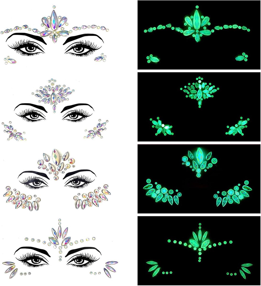 4 stuks glitterstenen voor gezicht, festival, festival, glitter, gezichtsstenen, festivalaccessoires, strassteentjes, gezichtsglitter, festivalstenen, gezicht, zelfklevend, glitter tattoo, festival