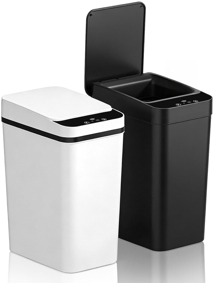 Afvalemmer met sensor, set van 2 automatische vuilnisemmers van kunststof, slank, smal, elektrische vuilnisemmer met deksel, sensorvuilnisemmer, intelligent, voor badkamer, keuken, kantoor