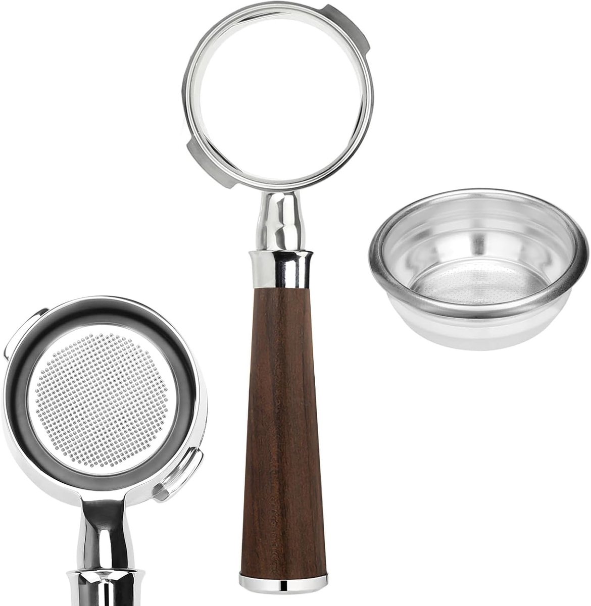 Bodemloze Portafilter - Roestvrijstaal Houder - Espresso Bereiden - Walnoot Handvat - 58 mm - Metallic