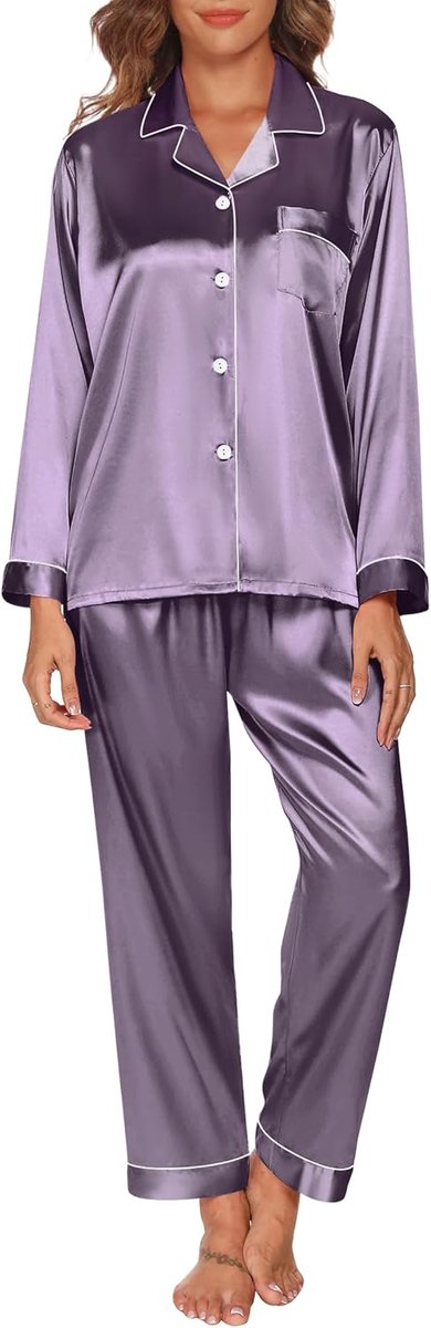 Damespyjama, tweedelige pyjama met lange mouwen en knopen, satijnen, winterpyjama, nachtkledingset, S-XXL