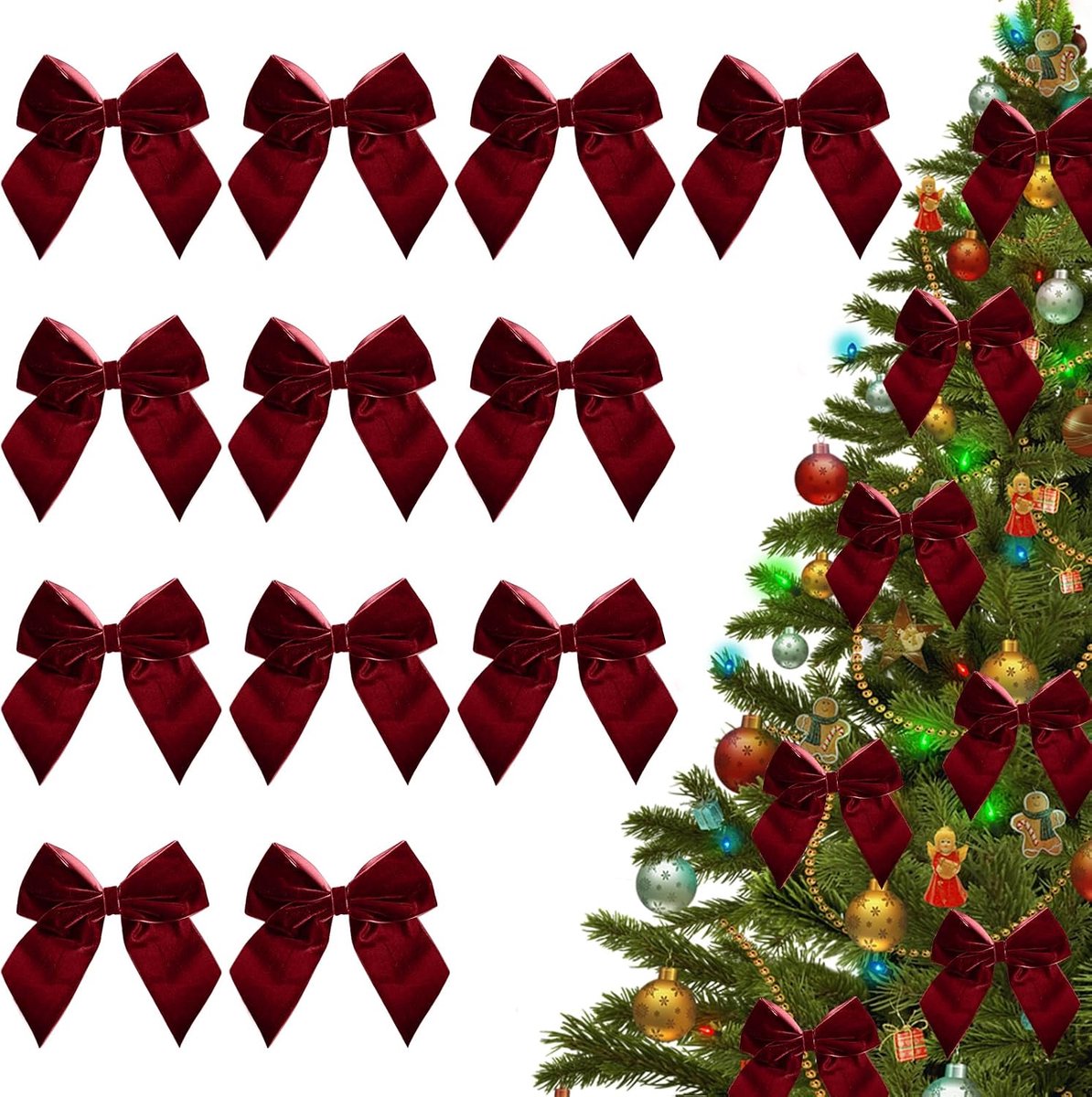 Strikken, 12 stuks, fluweel, kerststrikken, kerstboom, rode strikken, kerstboom, strikken, fluwelen strikken voor kerstboomversiering, rood