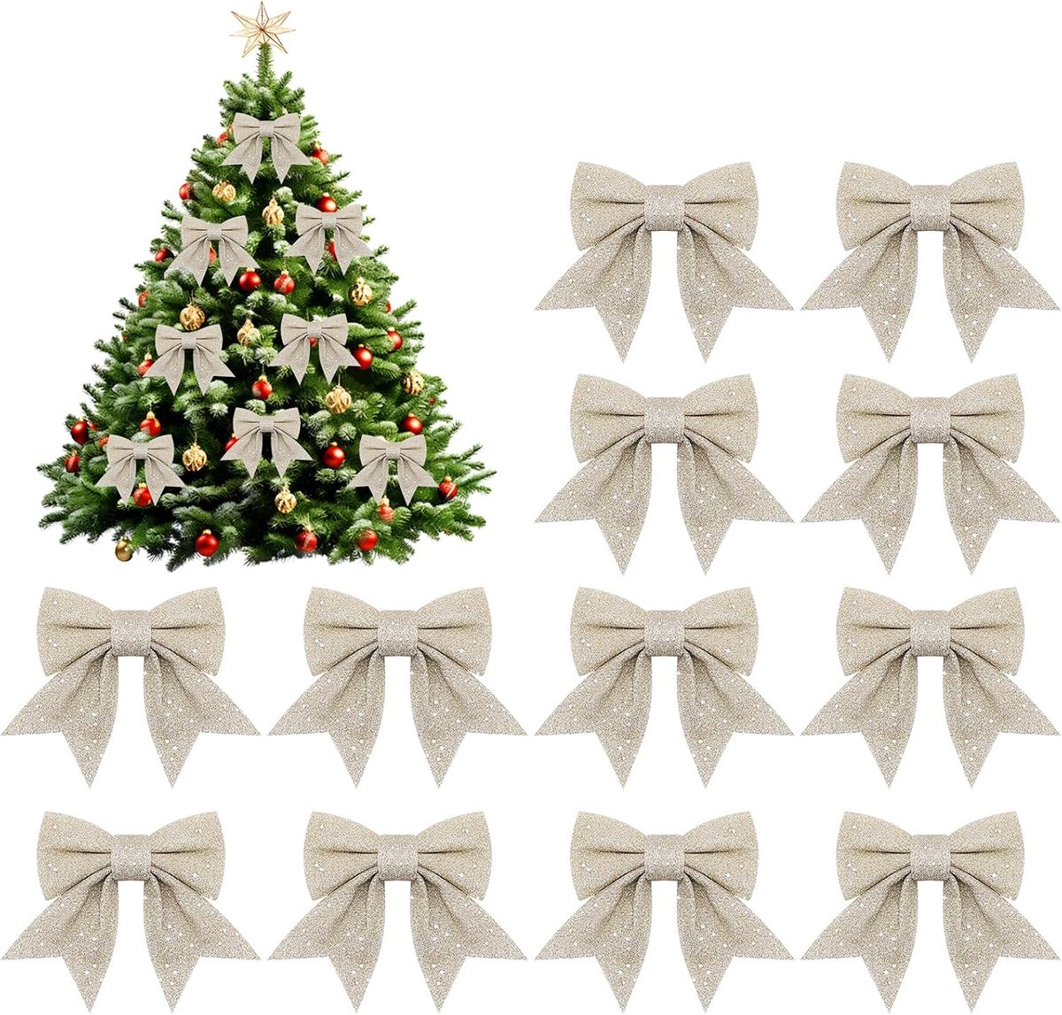 Strikken, 12 x 15 cm, groot formaat, vlinderstrikken, witte kerststrikken, kerstboomdecoratie, kerstcadeaus (champagne)