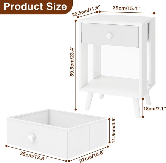 Set van 2 nachtkastjes, bijzettafel, nachtkastje, stoffen lade, open rek, massieve houten poten, modern, eenvoudige structuur, voor slaapkamer, woonkamer, wit HST012W-2 — afbeelding 2