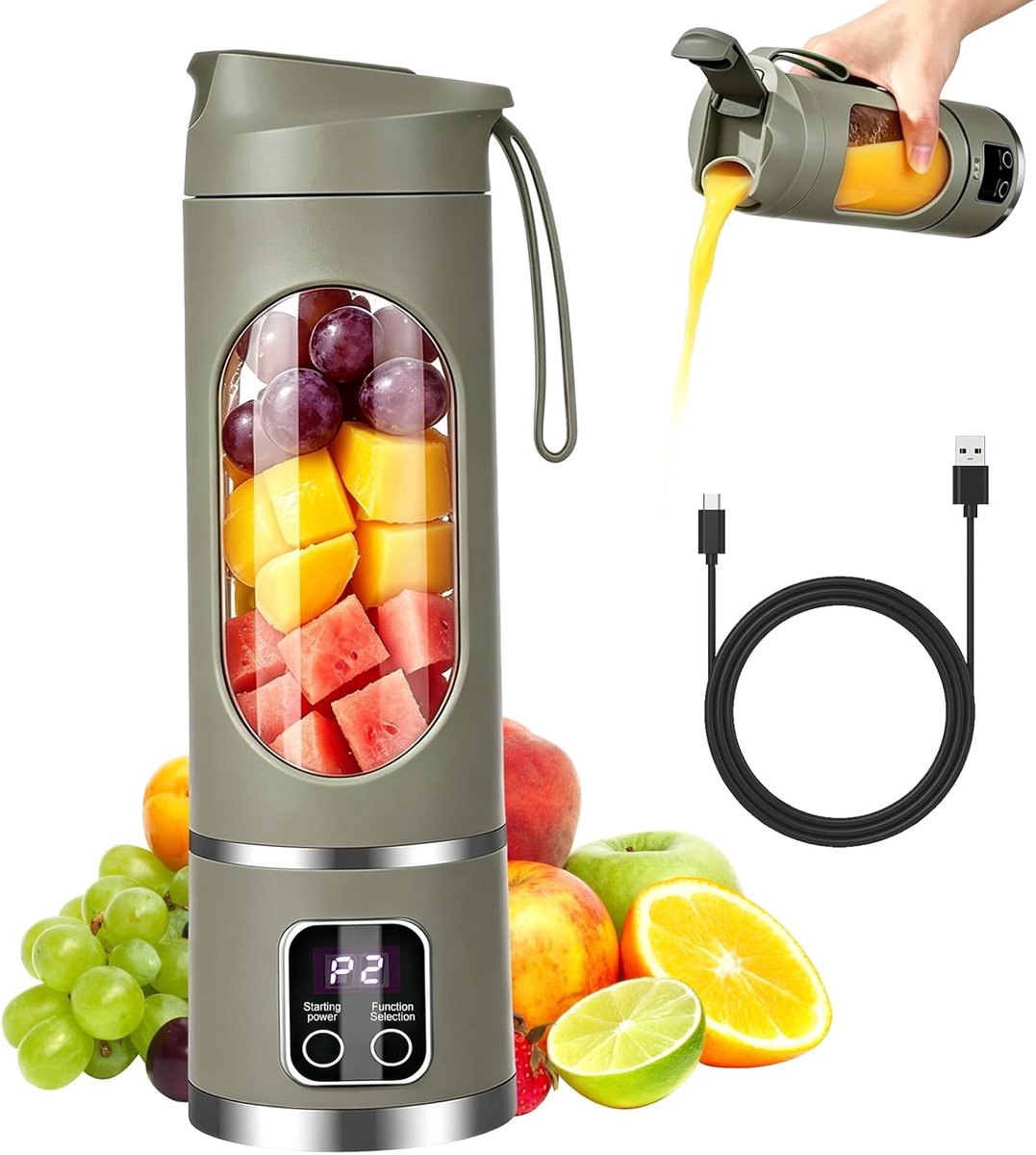 Blender, smoothie maker, 450 ml, persoonlijke mini-sapcentrifuge, lekvrij deksel en drinkopening, USB-sapcentrifuge, mini-mixer voor shakes en smoothies, voor keuken, reizen, sportschool
