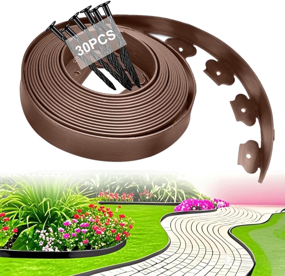 Gazonrand kunststof, grasbestrating bestratingstenen gazonrooster perceelafscheiding | Onzichtbare gazonrandband voor tuin, terras & perken 10 m lengte × 5 cm hoogte Met 30 grondankers