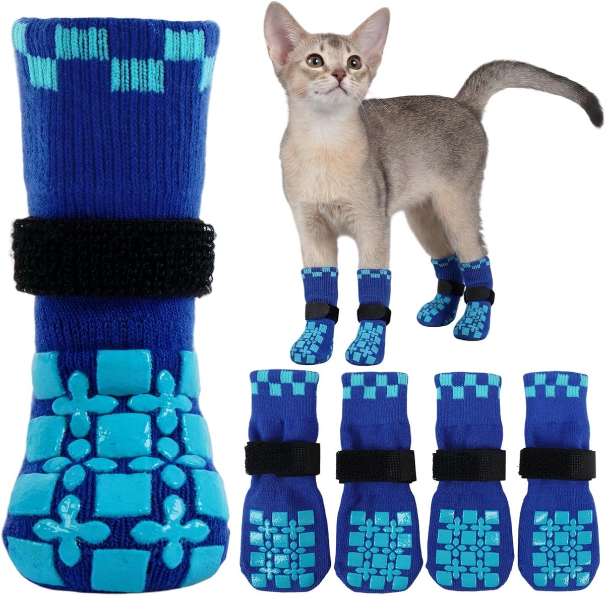 2 paar kattenpoothoezen, sokken voor katten stoppen met krabben, voetafdekking achtervoet, herstelsok, voetbedekker beschermer met verstelbare riem (blauw, 3XS)