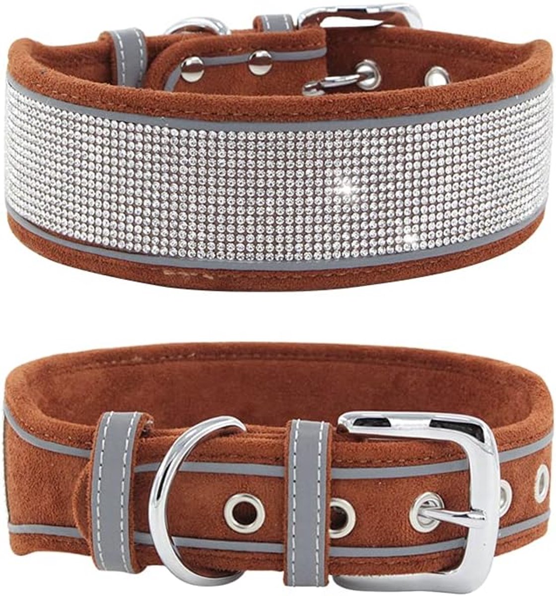 Glinsterende strass hondenhalsband van zacht suède, reflecterend, grote hondenhalsband voor middelgrote en grote honden (M: 38,1-48,26 cm, bruin)