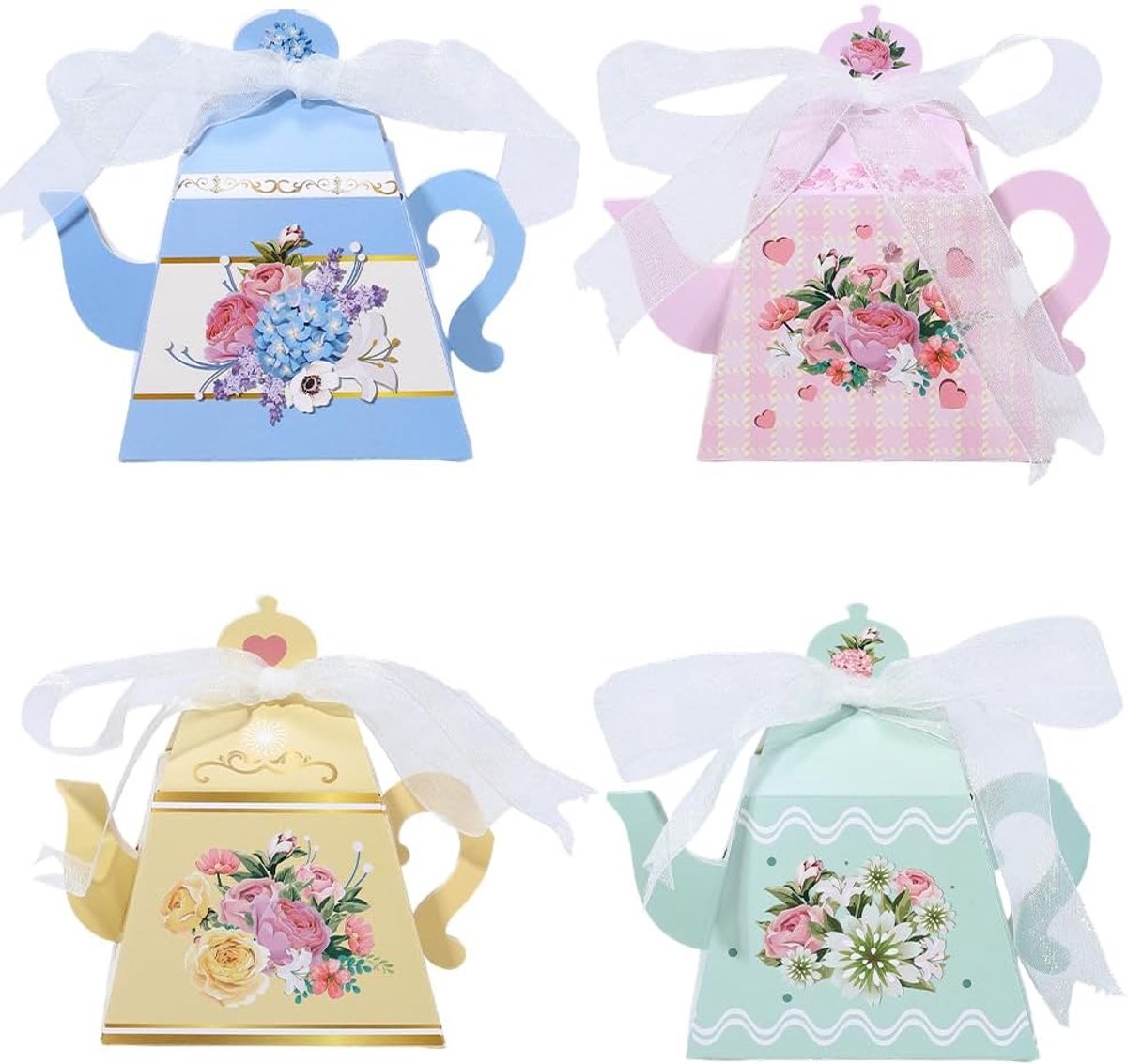 12 stuks 4 stijlen bloemen theepot decoraties theekransje tafel centerpieces dozen met linten boeket opslag elegante prinses verjaardag tafel decor voor theekransje bruiloft benodigdheden