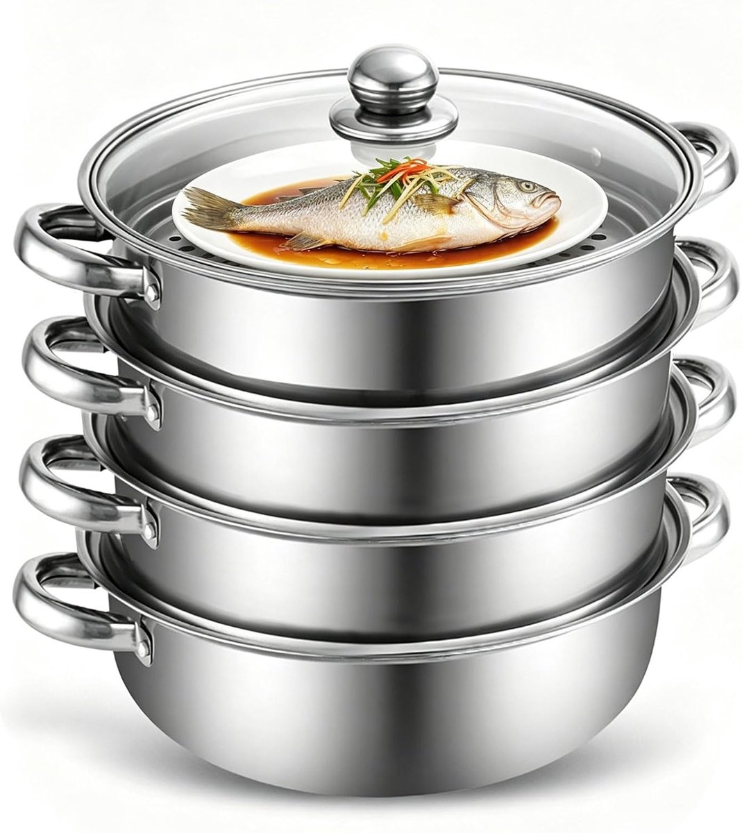 28 cm roestvrij staal, stoompan voor het koken met stoominzet en glazen deksel, 3/4-laags inductiekookpan, stoompan voor gelijktijdig stomen, soep, pasta, vissen (vier)