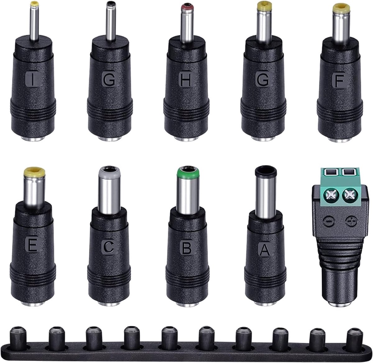 10 stuks DC-stekker, universele AC-DC-voedingsadapterbus, 2,5 x 0,7 mm/3,0 x 1,1 mm/3,5 x 1,35 mm/4,0 x 1,7 mm/4,8 x 1,7 mm/5,5 x 1,7 mm/5,5 x 2,5 mm/6,3 x 3,0 mm. mm/6,0. x 4,4 mm/DC-holle stekkerbus