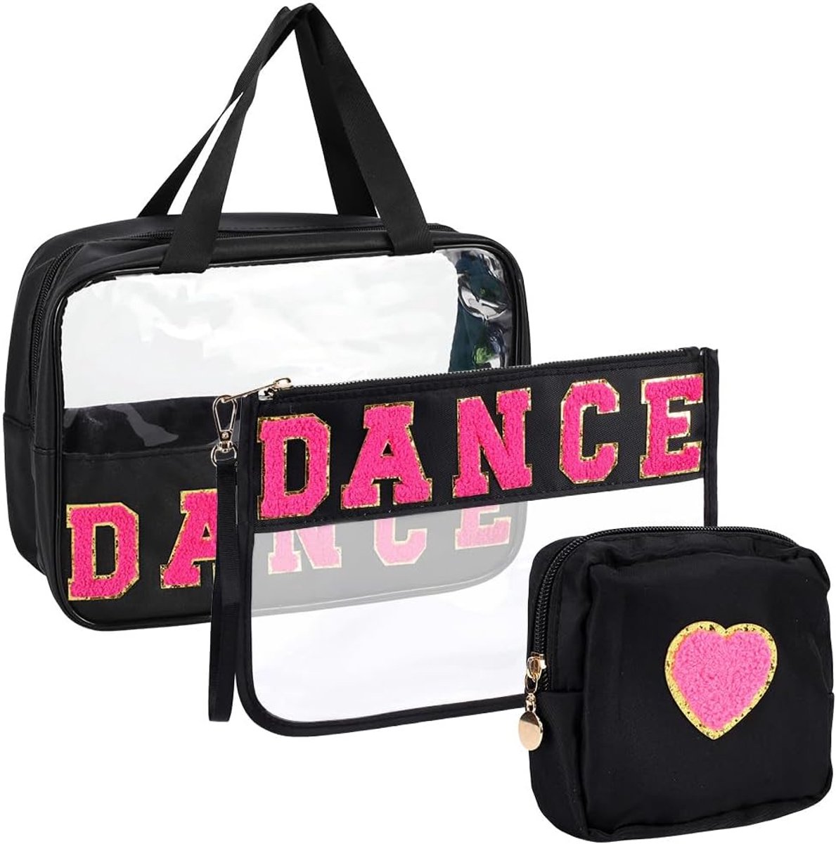 3 stks Dance Chenille Roze Letter Clear Patch Make-up Tas voor Reizen, Clear Make-up Brief Bag, Dance Recital Geschenken, Waterdichte Draagbare Rits Pouch voor Vrouwen