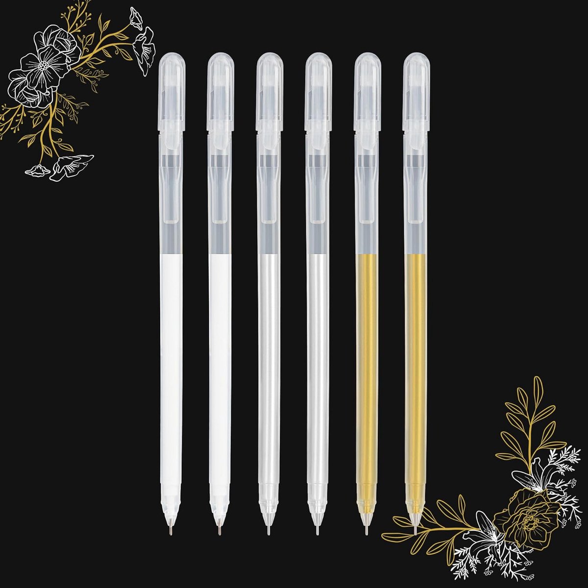 Gel rollerball wit goud zilver 0,6 mm 6 stuks | Overtrek voor mooie kunst, nauwkeurige lijn, voor schetsen op donker papier, tekeningen, kantoor, school