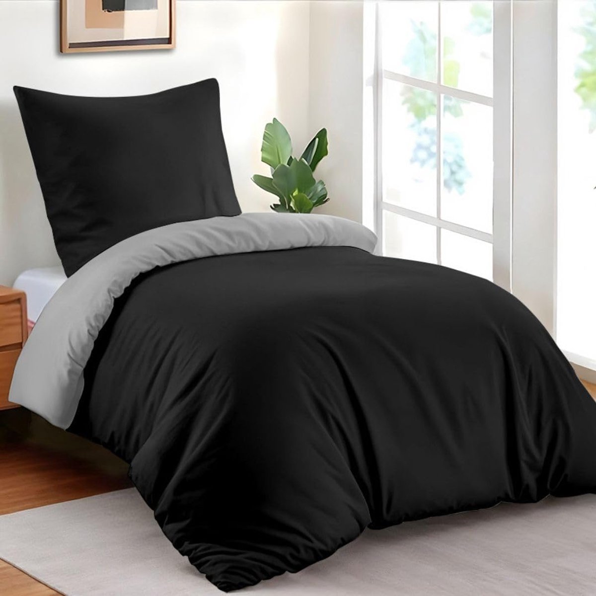 - Dekbedovertrek 140x200 cm met 1 kussensloop 65x65 cm - Zwart/Donkergrijs - 140x200 Bedset in 100% microvezel - 2 stuks - Gecertificeerd vrij van chemicaliën (Oeko TEX)