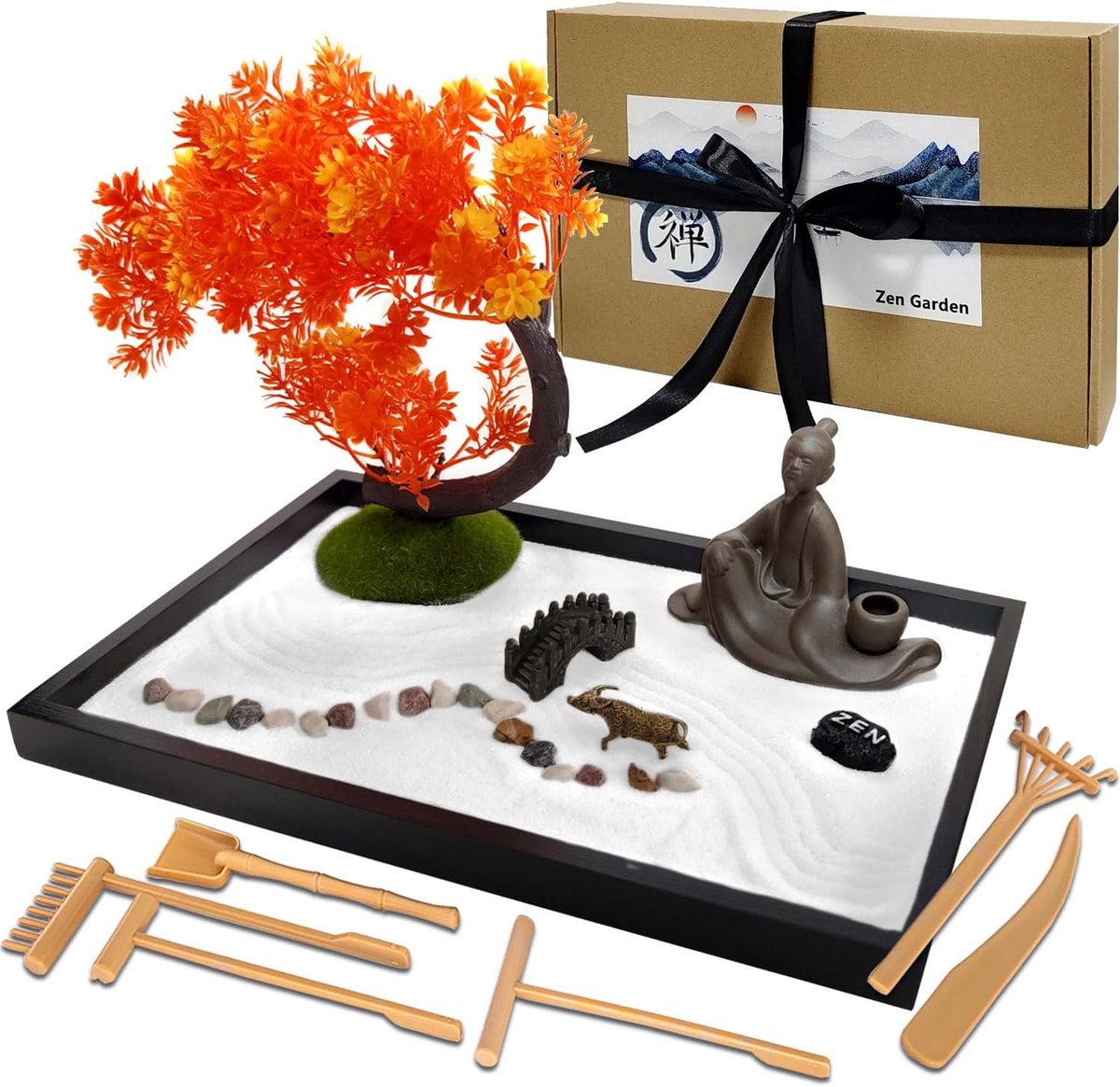 Garden Kit, Home Decoration Meditatie Gift Set, Zen Sand Garden, 6 Gereedschappen, Desktop Meditatie Kamer Decorlade, Ontspanning en Cadeau