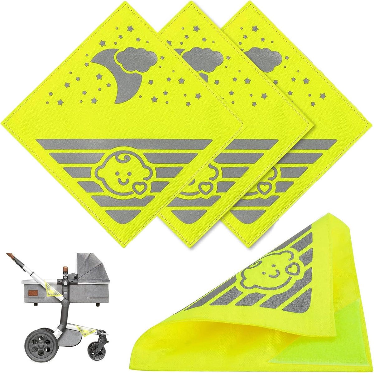 Reflectoren voor kinderwagens, 6 stuks, universele veiligheidsreflectoren, reflecterend, met klittenband, geschikt voor alle kinderwagens, rugzakken, fietsen, rolstoelen (neongeel)