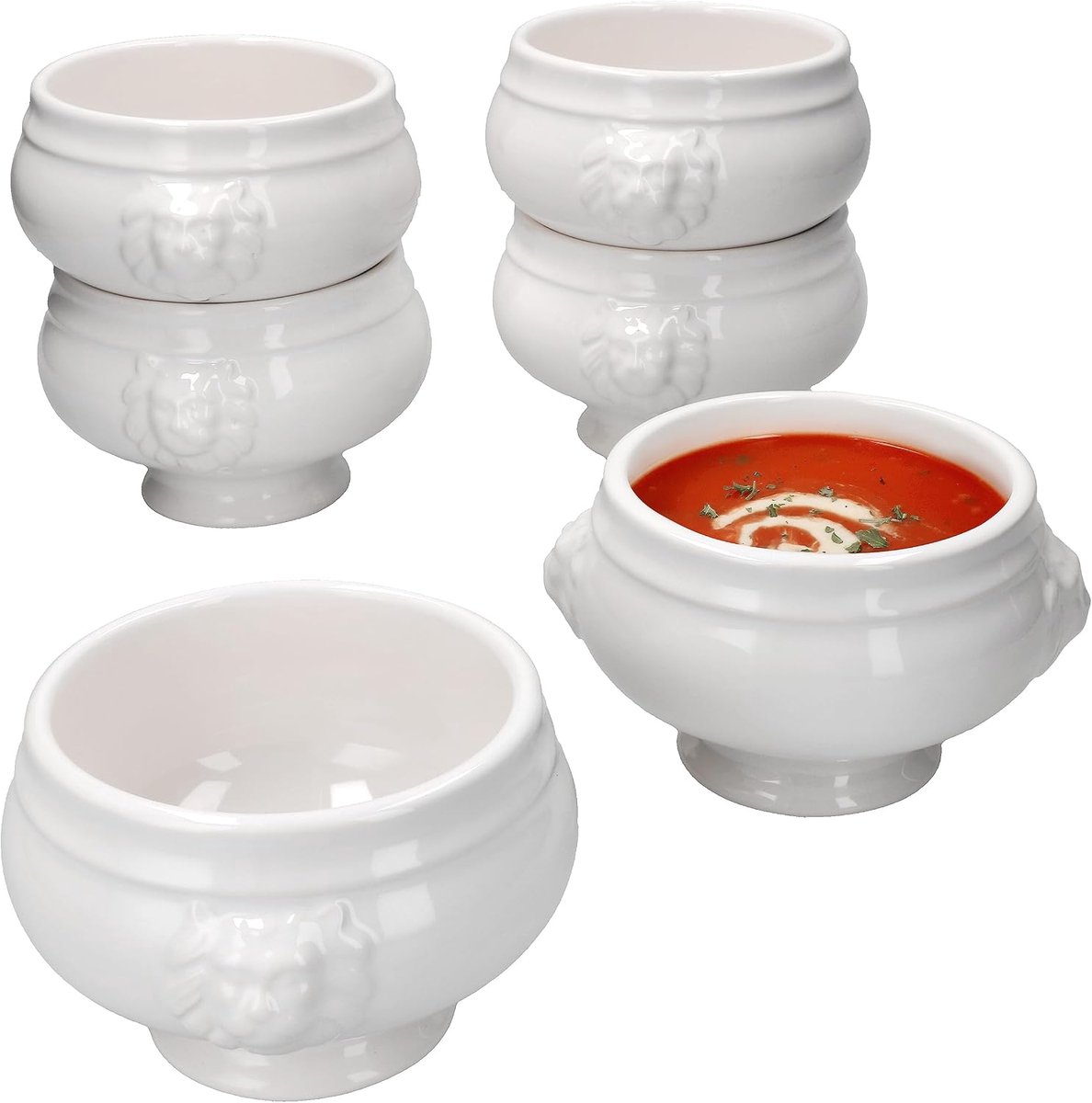 Leeuwenkop-termines, klein, 450 ml, voor 6 personen, witte soepkopjes 0,45 liter, soepterrines met leeuwenkoppen, soepkom voor bruiloft, erwten- of linzensoep, set van 6