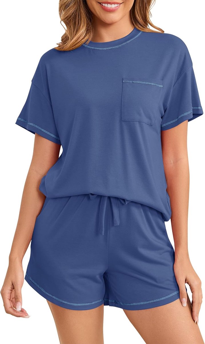 Pyjama voor dames, korte katoenen pyjamaset, nachtkleding, korte mouwen, T-shirt en pyjamabroek met zakken