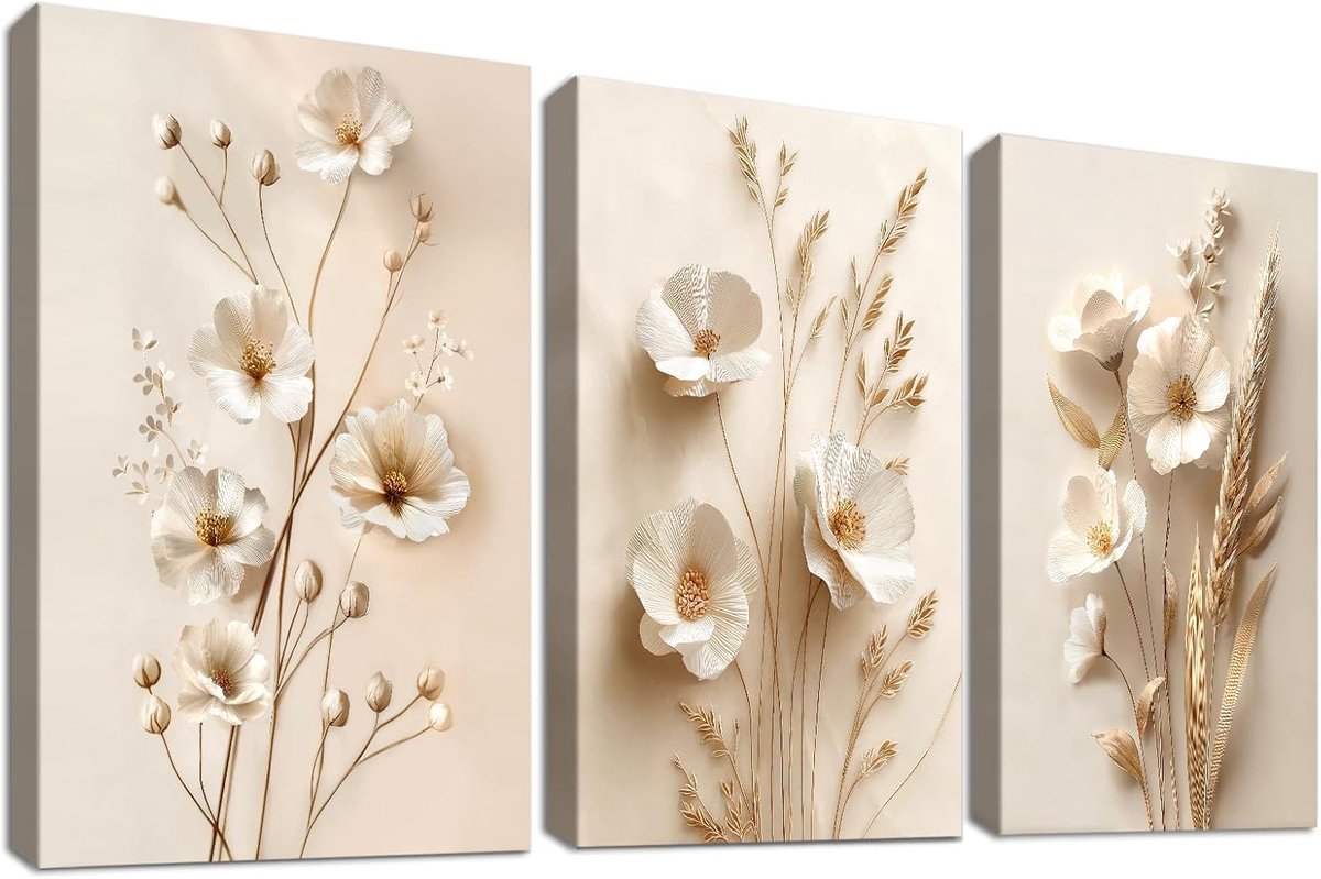 Set van 3 houten ingelijste neutrale beige bloemen canvas muurkunst minimalistische botanische bloemen schilderij op canvas prints vintage beige bloem foto's voor woonkamer slaapkamer hal