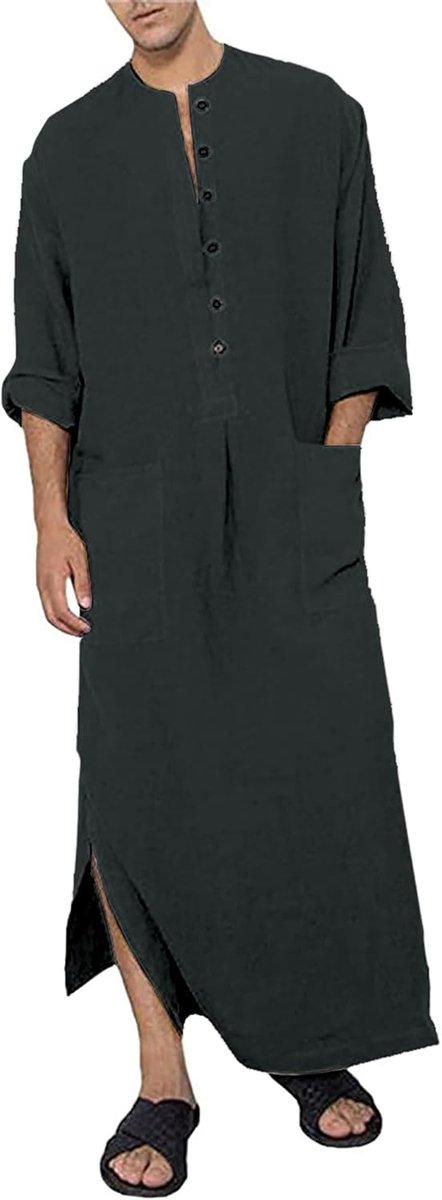 Kaftan voor heren, V-hals, lange mouwen, knopen, thobe met hoge knoopsluiting en zijsplit, katoen, met zakken
