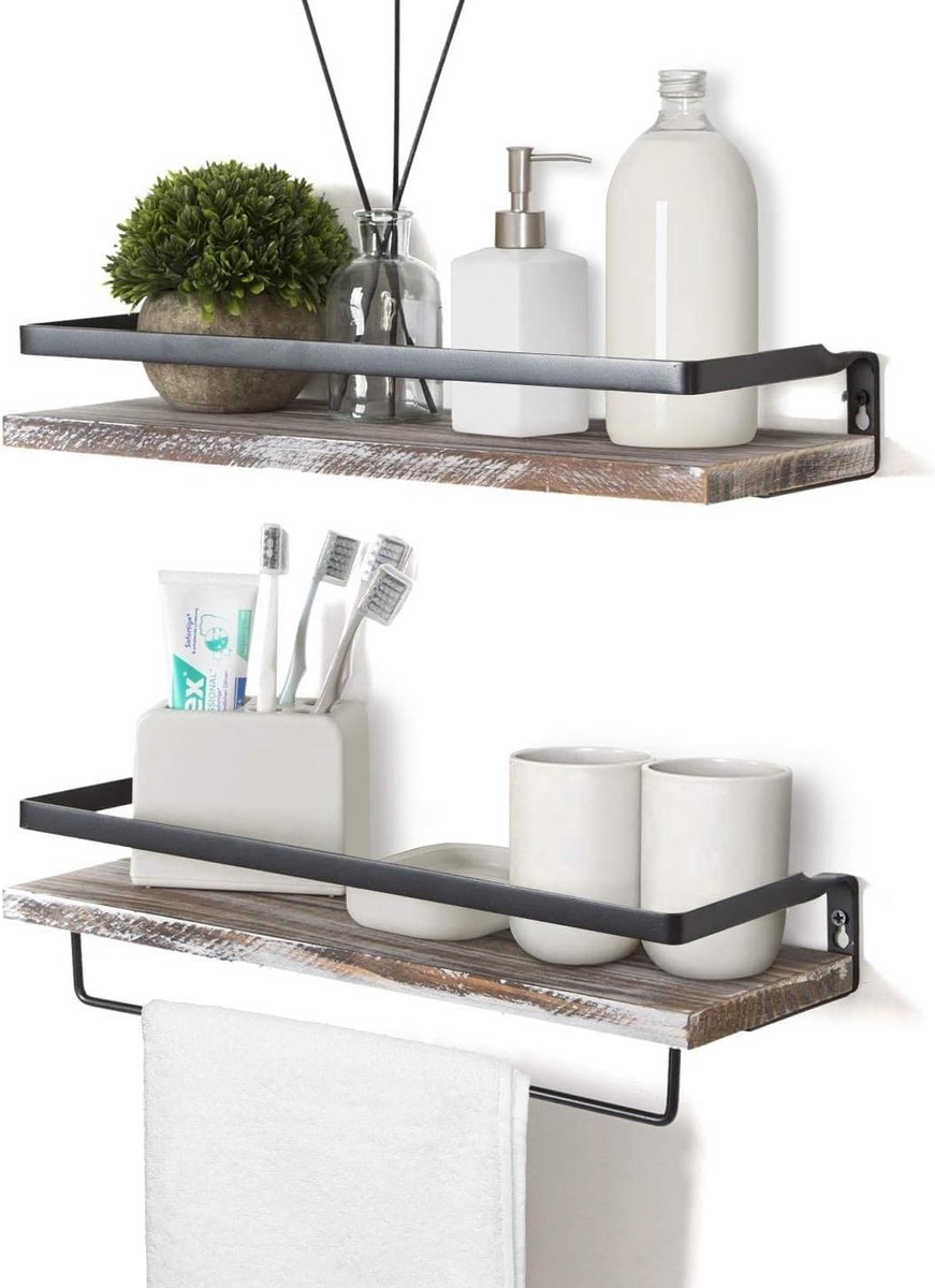 Zwevende houten wandplank, wandgemonteerde zwevende planken met handdoekenhouder, rustieke opbergplanken, ideaal voor de woonkamer, slaapkamer, hal, badkamer, 2 stuks (whitewash)