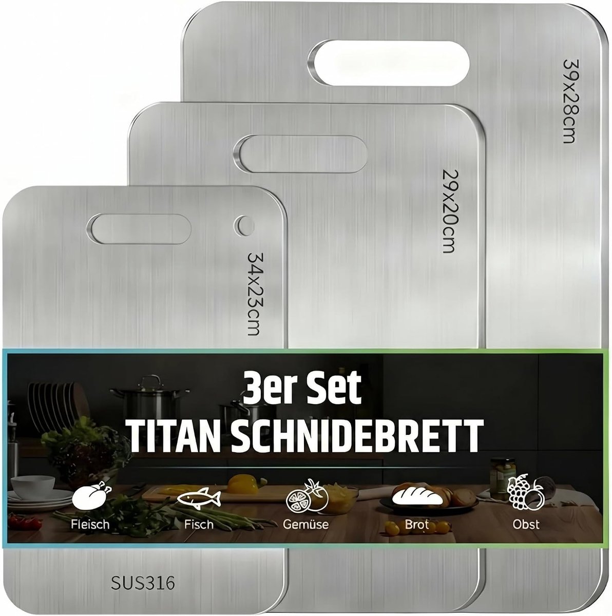 3 stuks titanium snijplanken, S316 roestvrij staal, titanium snijplank, BPA-vrij, dubbelzijdig snijplanken voor levensmiddelen, geschikt voor vlees, brood, groenten en fruit, 29 x 20 cm, 34 x 23 cm