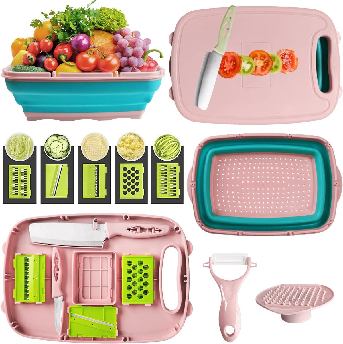 Snijplank, 9-in-1 opvouwbare snijplank, snijplankenset met groentesnijder, draagbare afvoermand voor camperaccessoires, outdoor, festivals