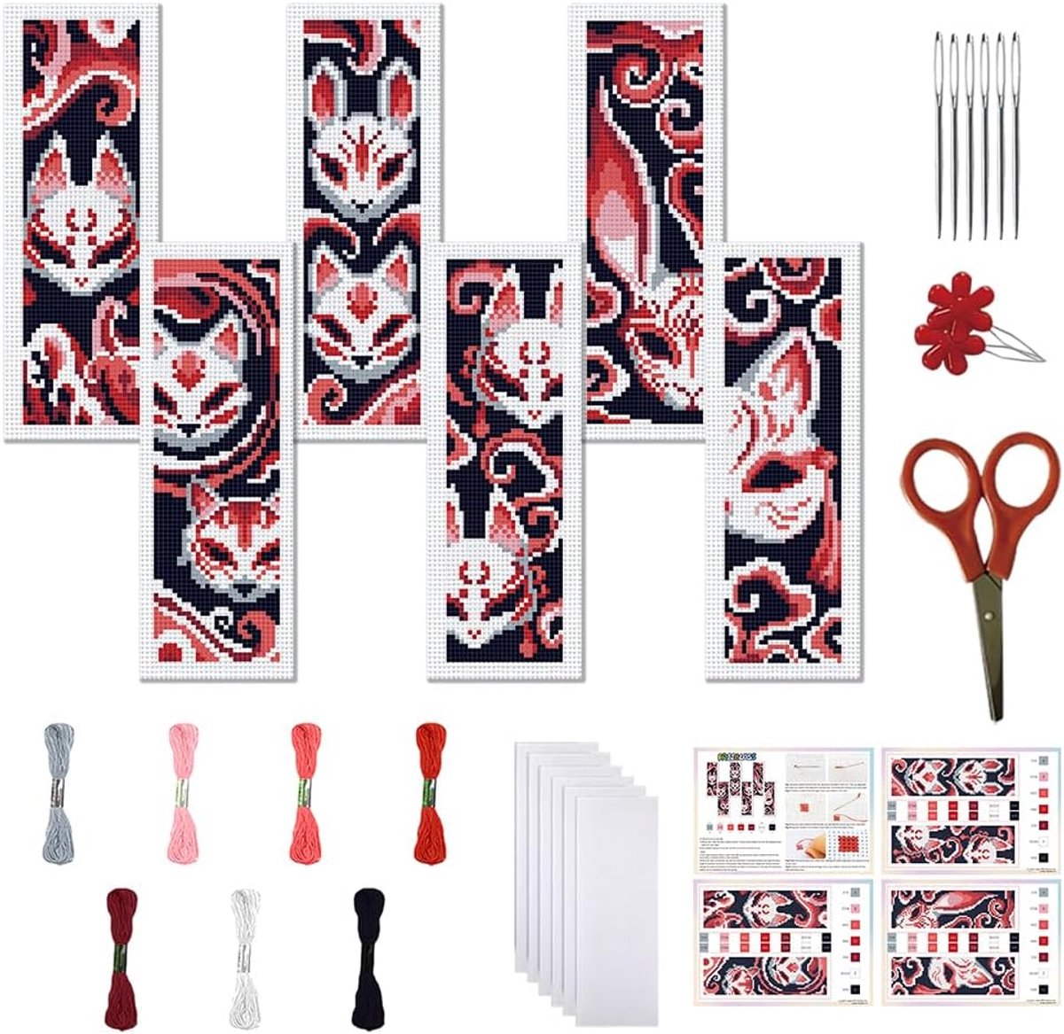 6 Set Kruissteek Bladwijzer Kit voor Volwassen Beginners Vos Masker Gestempeld Kruissteek Kits Borduurwerk Bladwijzers Kit met Instructies Kruissteek Kits voor Gift 8x2.4"