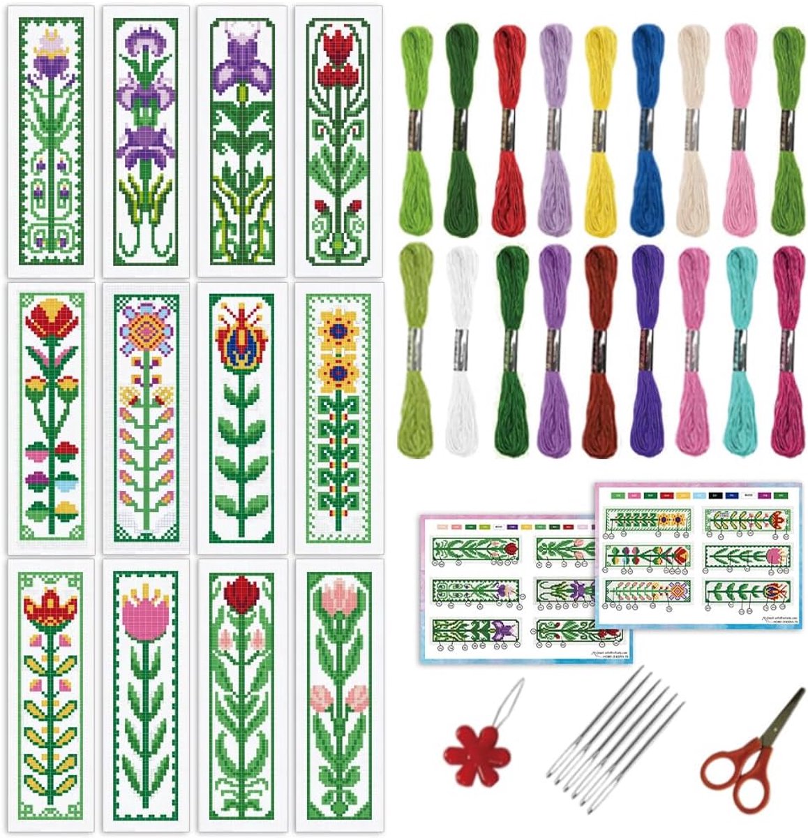 12 stks/set Groene Bloem Kruissteek Bladwijzers Kit Tulp Rose Diy Gestempeld Borduurwerk Bladwijzer Zonnebloem Botanische Borduurwerk Bladwijzer met Backing Vilt Floss Instructie voor