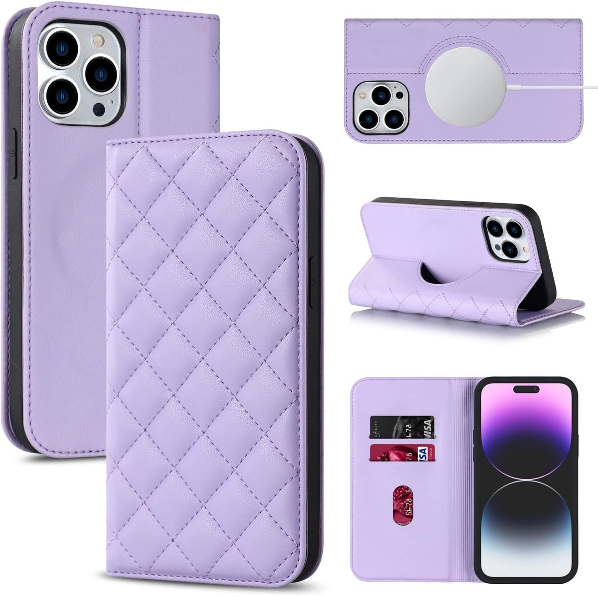 Hoes voor mobiele telefoon voor Apple iPhone 12 Pro, PU-leren klaphoes, compatibel met MagSafe-telefoonhoes met standfunctie en magneetsluiting, schokbestendig, flip beschermhoes, paars
