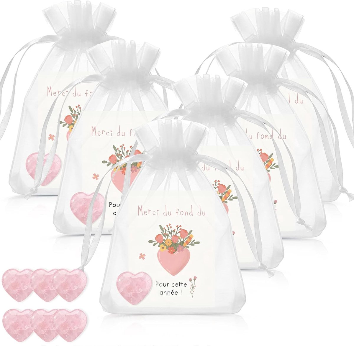Bedankcadeauset Cadeau voor Leerkrachten Met Roze Hartvormige Jadestenen Bedankkaartje Tas voor Leerkrachten en Collega's Bedankt voor Dit Jaar(6 Sets)