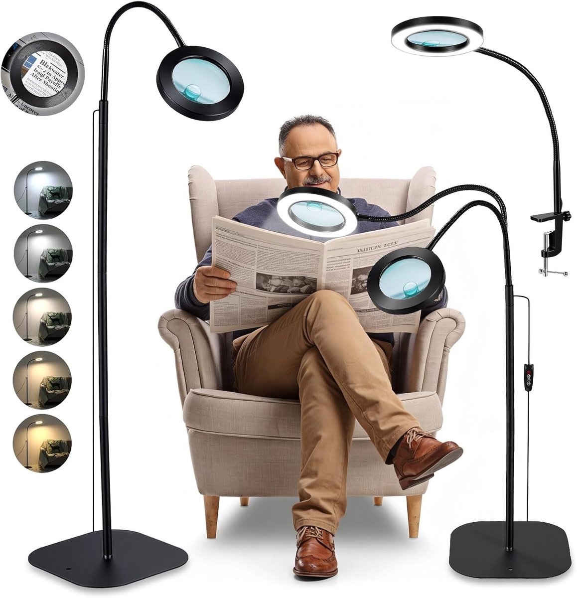 Vergrootglas met licht en standaard, 3-in-1 leesloep met licht voor senioren, 5 kleurmodi, dimbaar, 10X/20x echte glazen lenzen, met klem en voet, led-staande loep voor lezen, naaien, knutselen, fijn