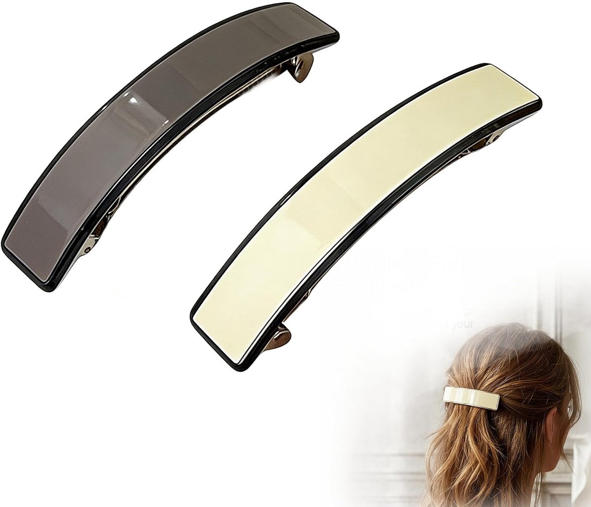Haarspelden voor dames, groot, elegante Franse haarclip in wit en grijs, rechthoekig design met automatische clip, haaraccessoire voor dik haar, paardenstaart en opgestoken kapsels
