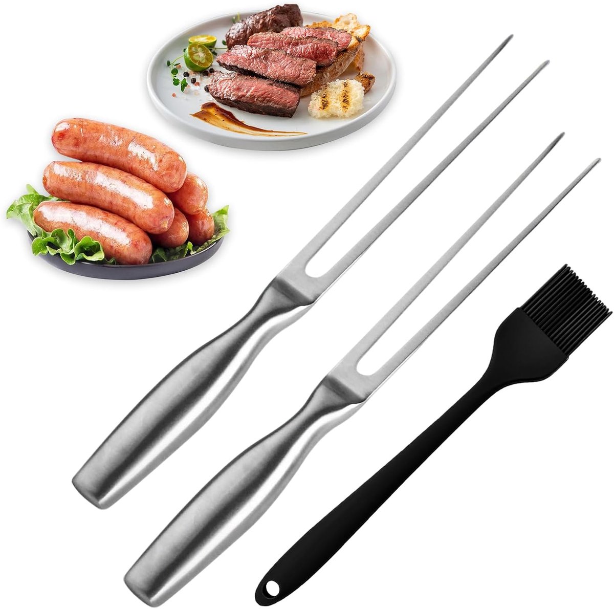 Vleesvorken en olieborstelset, vleesvork roestvrij staal, tranchevork met ergonomische handgreep, grillvork, voor grillen, trancheren, kalkoen, braden, diner voor camping en keuken, 27 cm