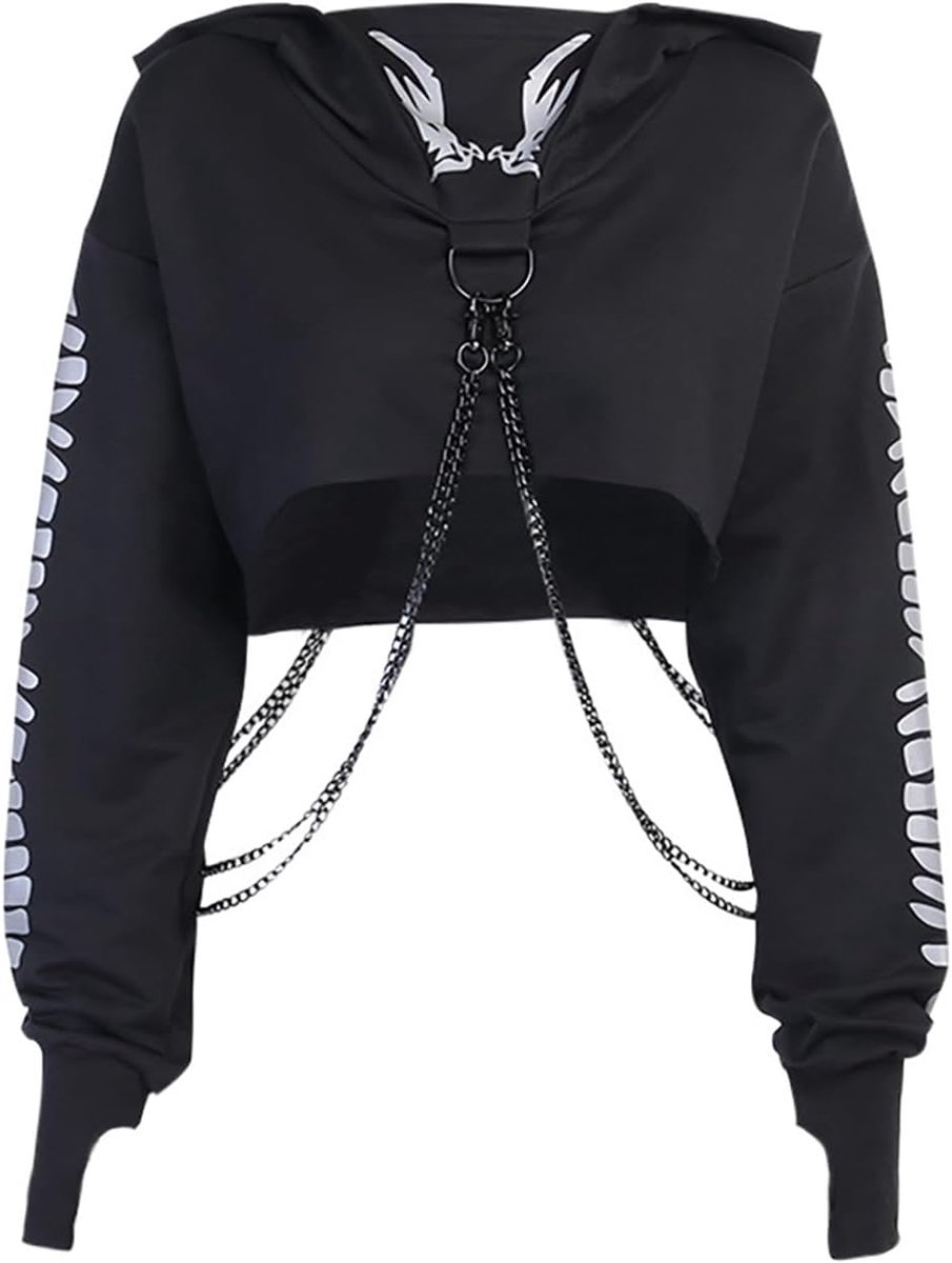 Punk Cool Girl Drakenpatroon T-shirts Lange Mouw Bretels Vrouwen T-Shirt Ronde Hals Zwart Crop Top Herfst Trui