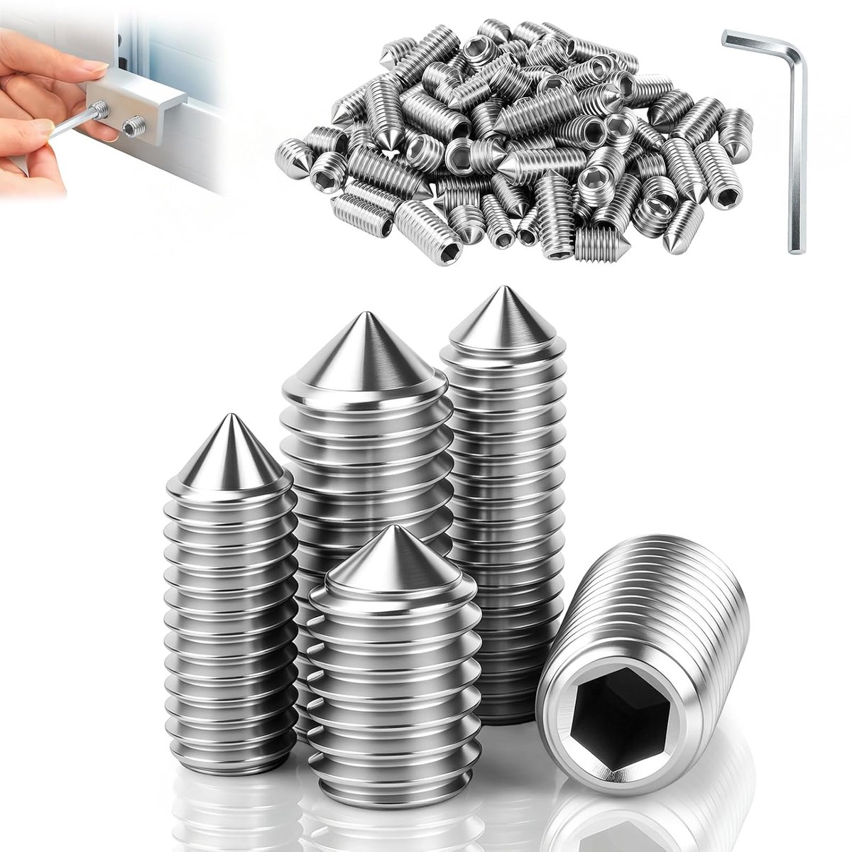 Kegelpunt, M4 x 8 mm, binnenzeskant, schroefdraadpennen | Roestvrij stalen moerschroeven, 20 stuks, inbusschroeven, schroefdraadhuls, met moersleutel, voor deurklink, lampknoppen
