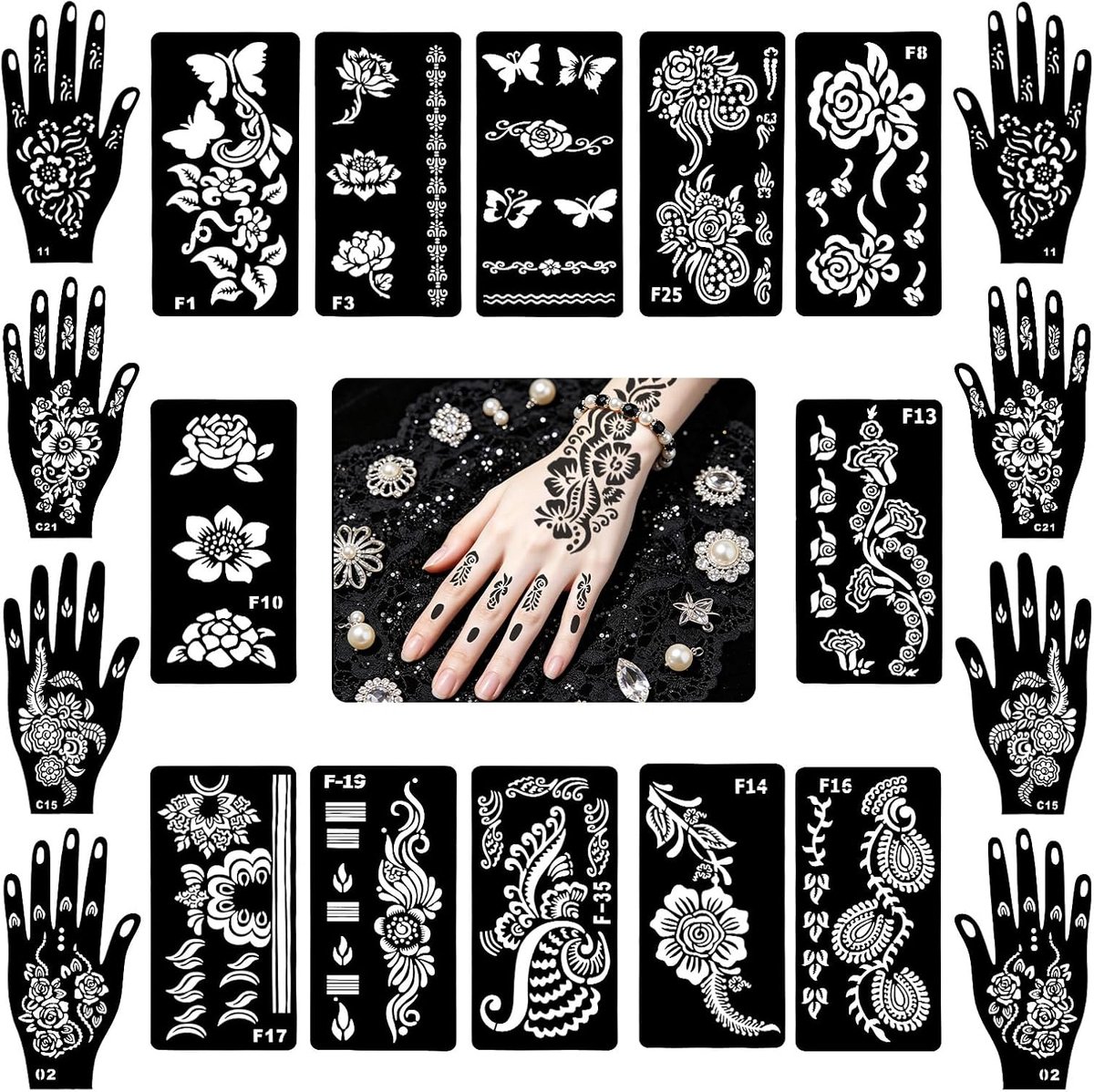 Tijdelijke henna tattoo stencils, henna tattoo vellen voor vrouwen, meisjes en tieners - Gezichtsverf en body art (A)