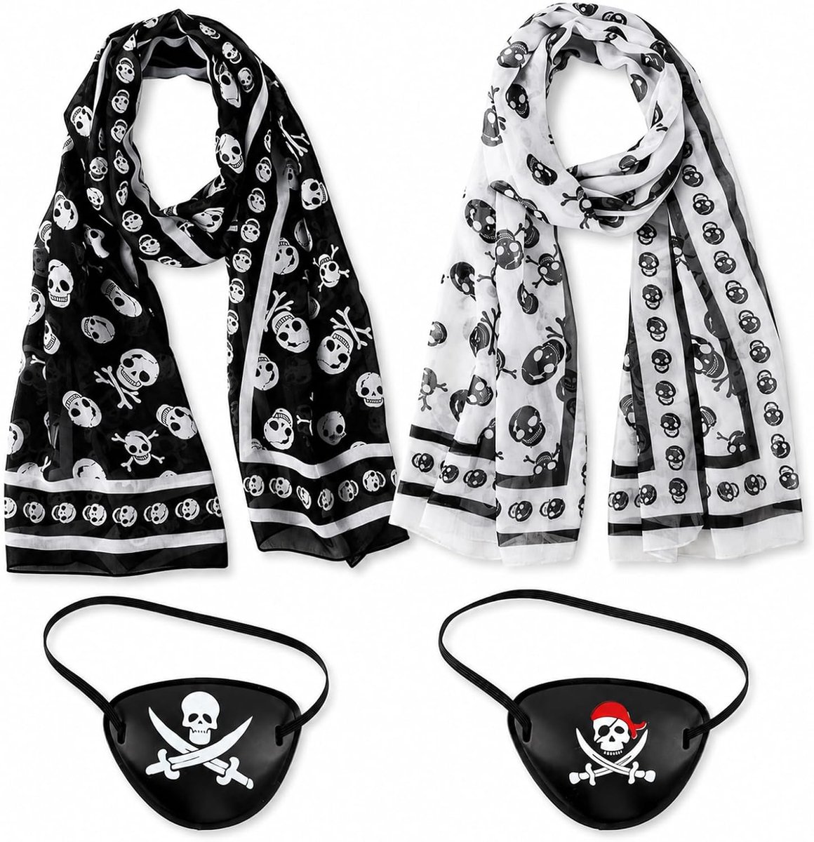 4 stuks, 2 doodshoofdsjaals 50 x 150 cm en 2 piratenoogkleppen, Halloween-kostuum, dames, heren, kinderen, mode-accessoires voor carnaval, cosplay, Halloween