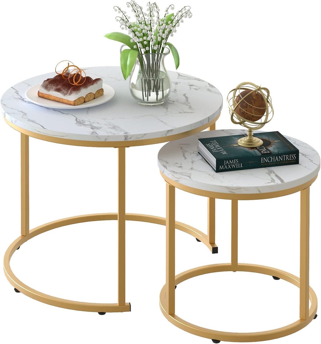 Set van 2 bijzettafels, rond, moderne salontafels voor woonkamer, slaapkamer, wit marmereffect, gouden frame